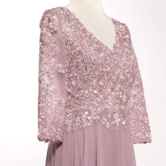 New A-Line Formal Floral Lace Embellished MOB Maxi Gown w/ 3/4 Sleeves TC M2758Q - Picture 4 of 8